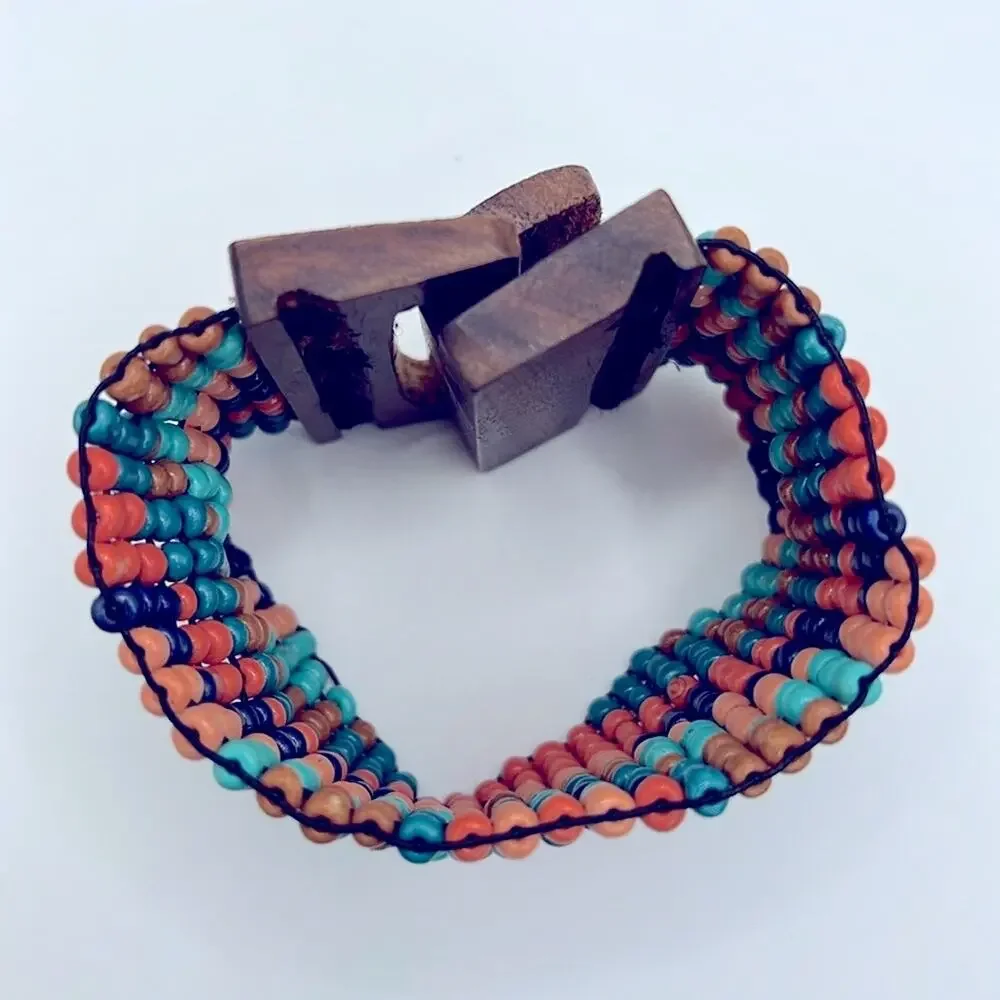 Colorful Boho Beaded Bracelet w/wooden clasp